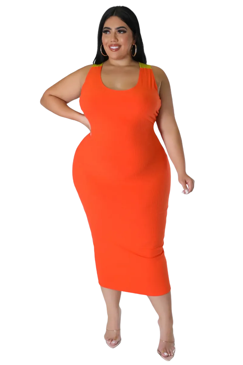 Final Sale Plus Sleeveless Ribbed Midi BodyCon Dress with Criss Cross Back in Orange and Mustard