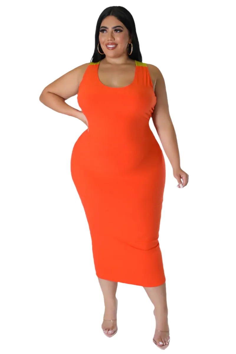 Final Sale Plus Sleeveless Ribbed Midi BodyCon Dress with Criss Cross Back in Orange and Mustard