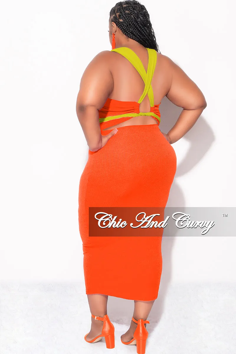 Final Sale Plus Sleeveless Ribbed Midi BodyCon Dress with Criss Cross Back in Orange and Mustard