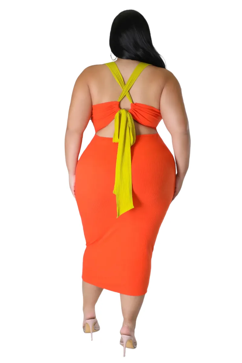 Final Sale Plus Sleeveless Ribbed Midi BodyCon Dress with Criss Cross Back in Orange and Mustard