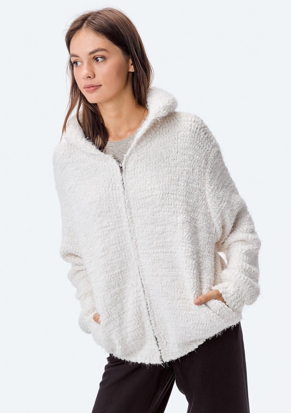 Fuzzy Popcorn Zipup Hoodie (Winter White)