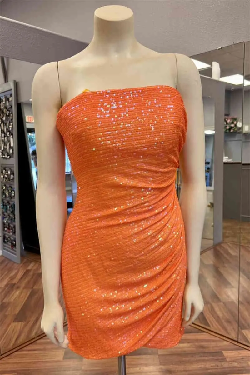 Glitter Orange Homecoming Dress Strapless Sequined Mini Homecoming Dress