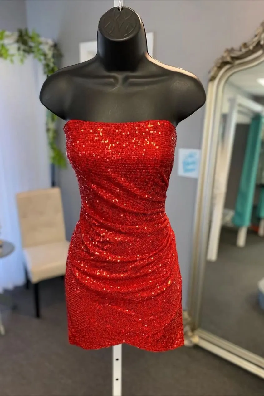 Glitter Orange Homecoming Dress Strapless Sequined Mini Homecoming Dress