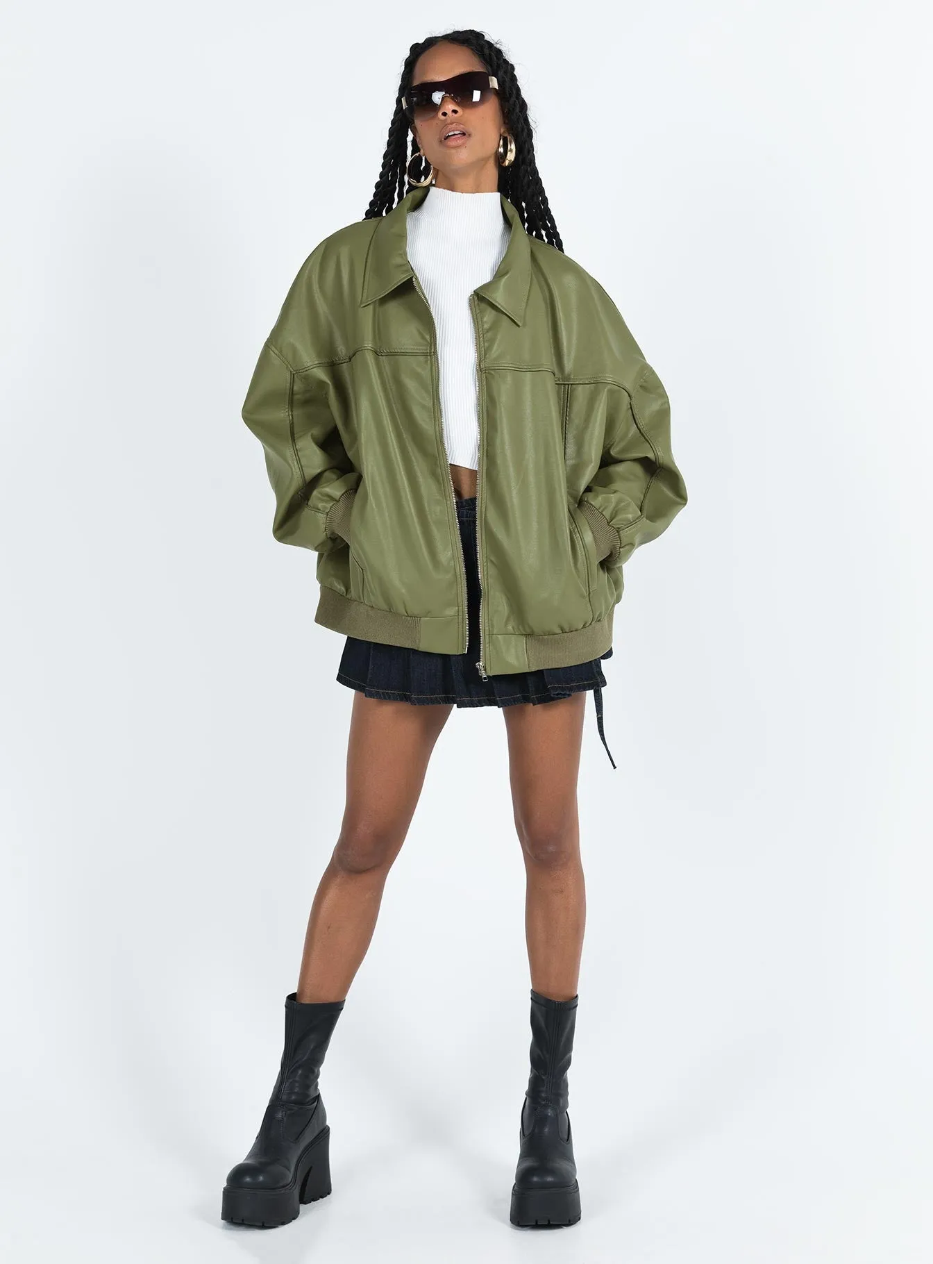 Goldsmith Faux Leather Bomber Jacket Green