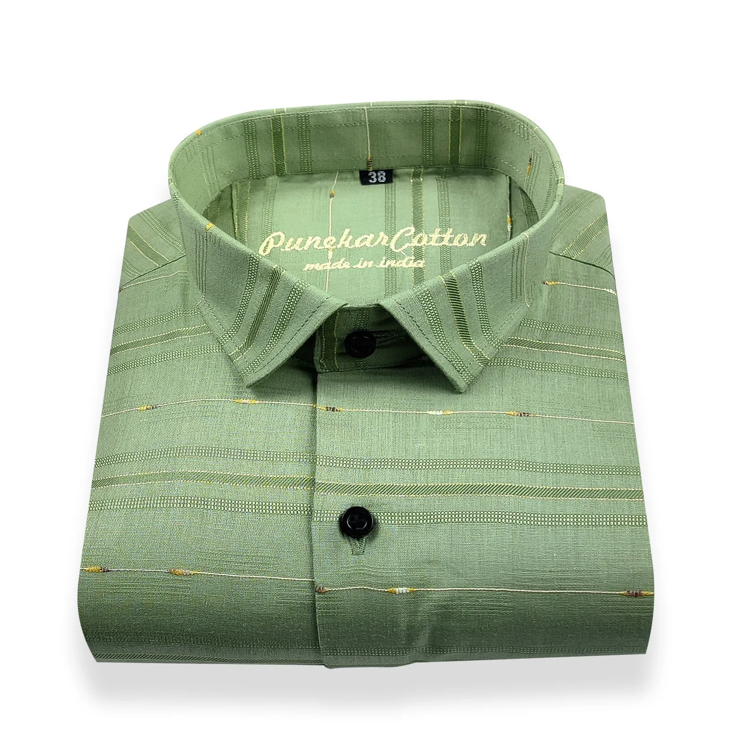 Green Color Pure Cotton Panelled Butta Stripes Shirts For Men's