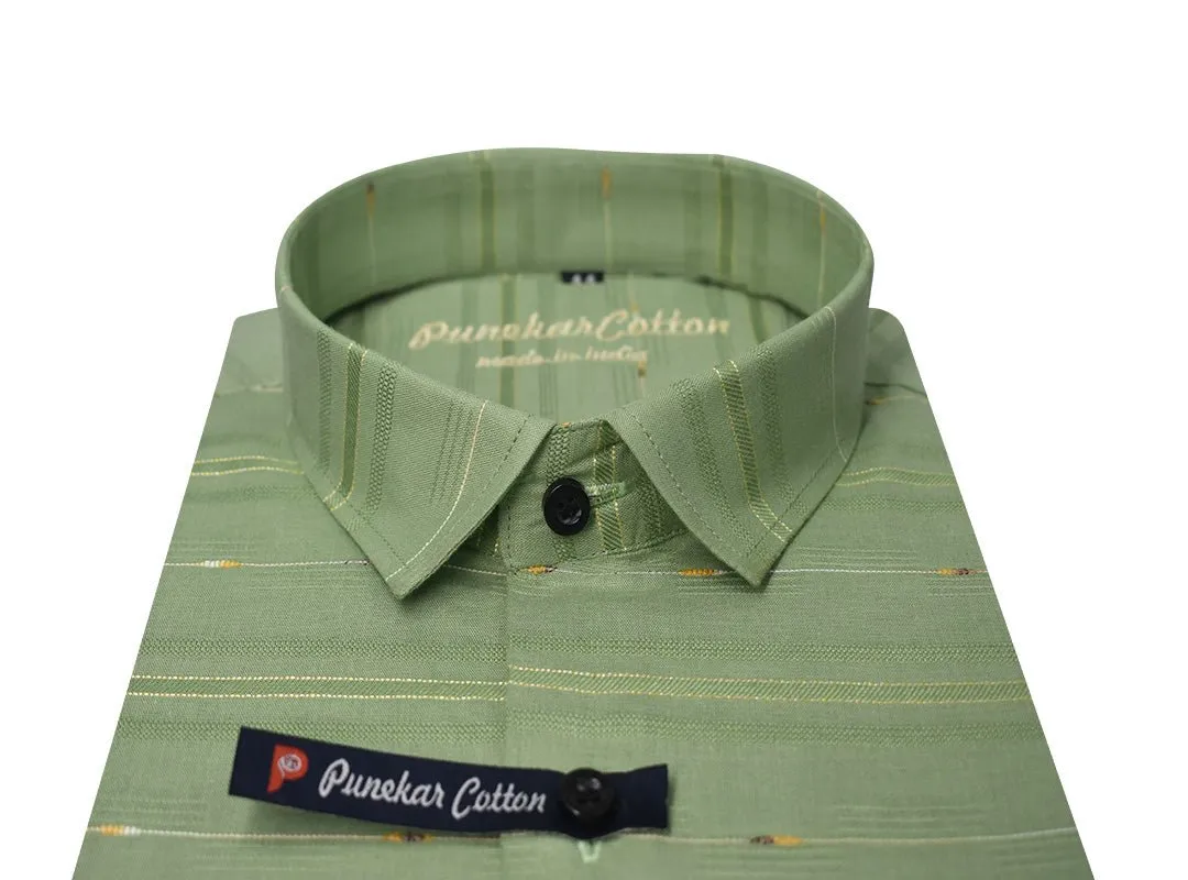 Green Color Pure Cotton Panelled Butta Stripes Shirts For Men's