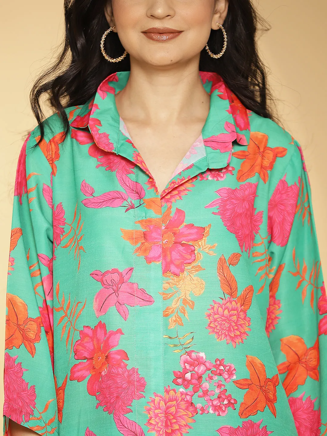 GreenFloral Muslin Printed ShirtTop & Pants