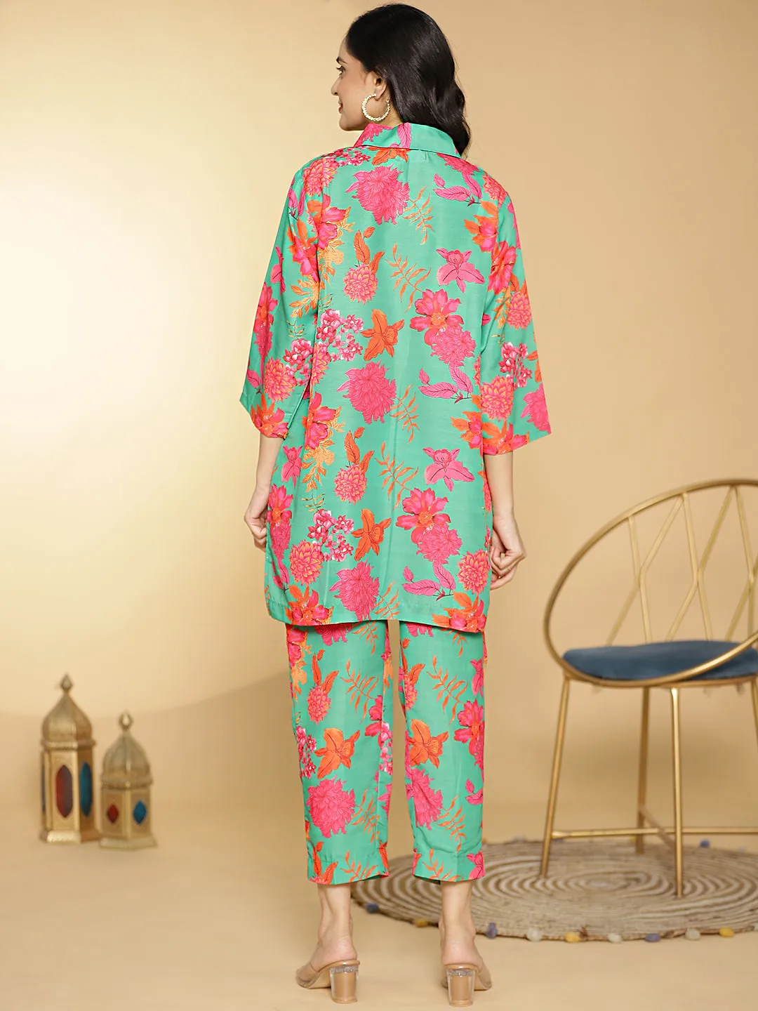 GreenFloral Muslin Printed ShirtTop & Pants