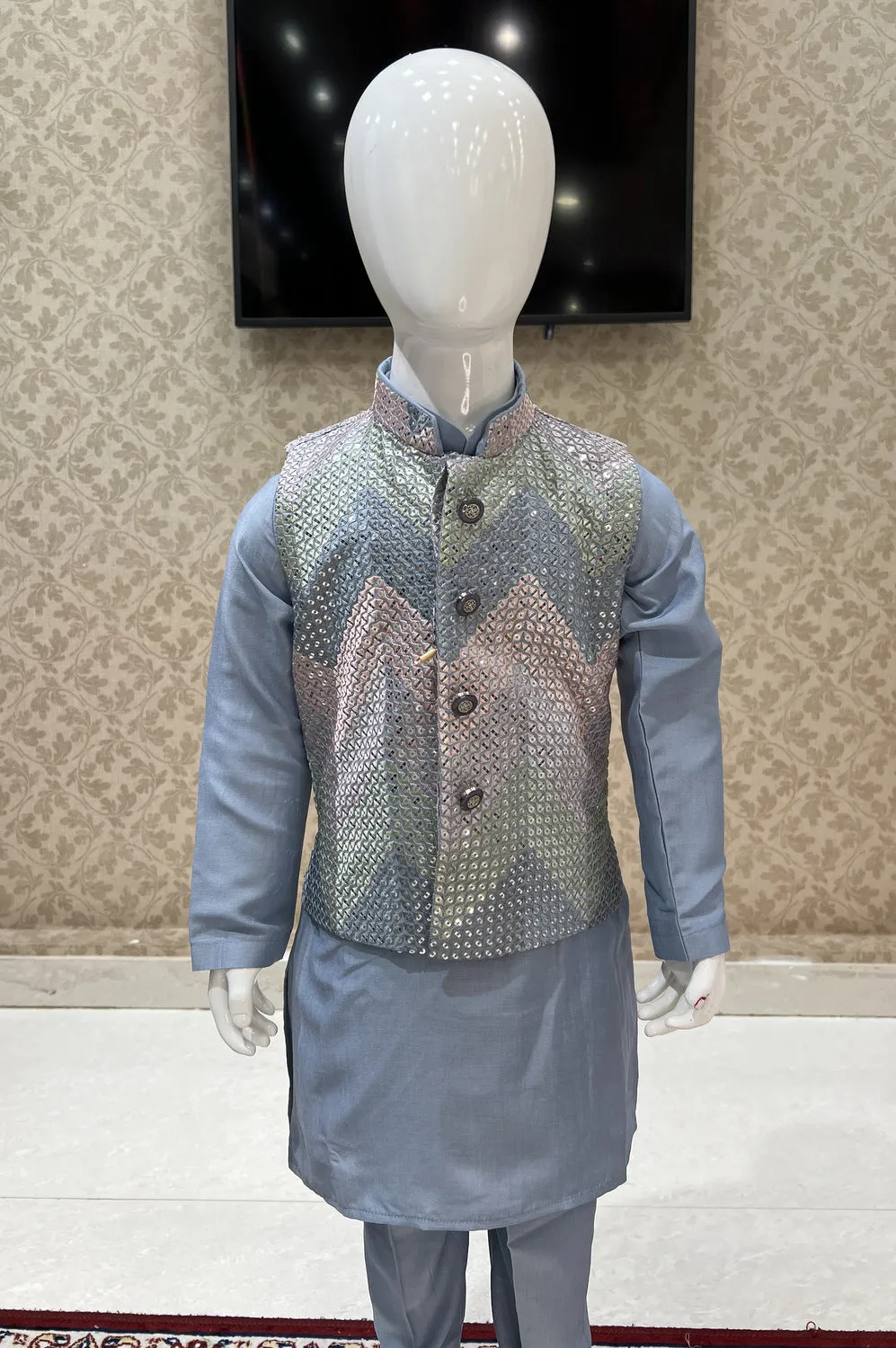 Grey Sequins and Multicolor Thread work Waist Coat Kurta Set for Boys