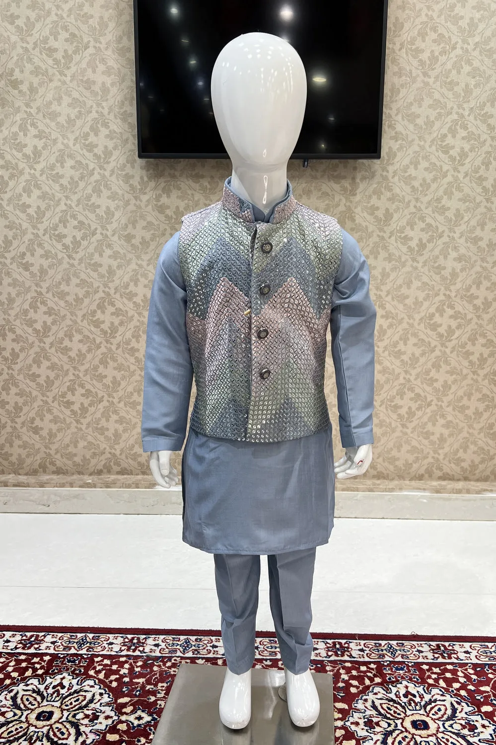 Grey Sequins and Multicolor Thread work Waist Coat Kurta Set for Boys