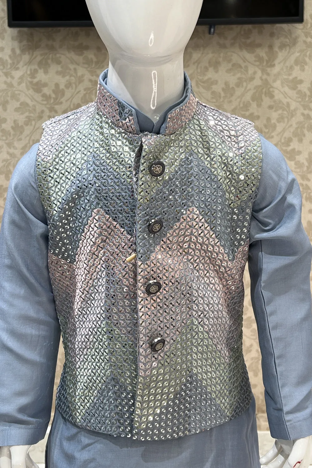 Grey Sequins and Multicolor Thread work Waist Coat Kurta Set for Boys