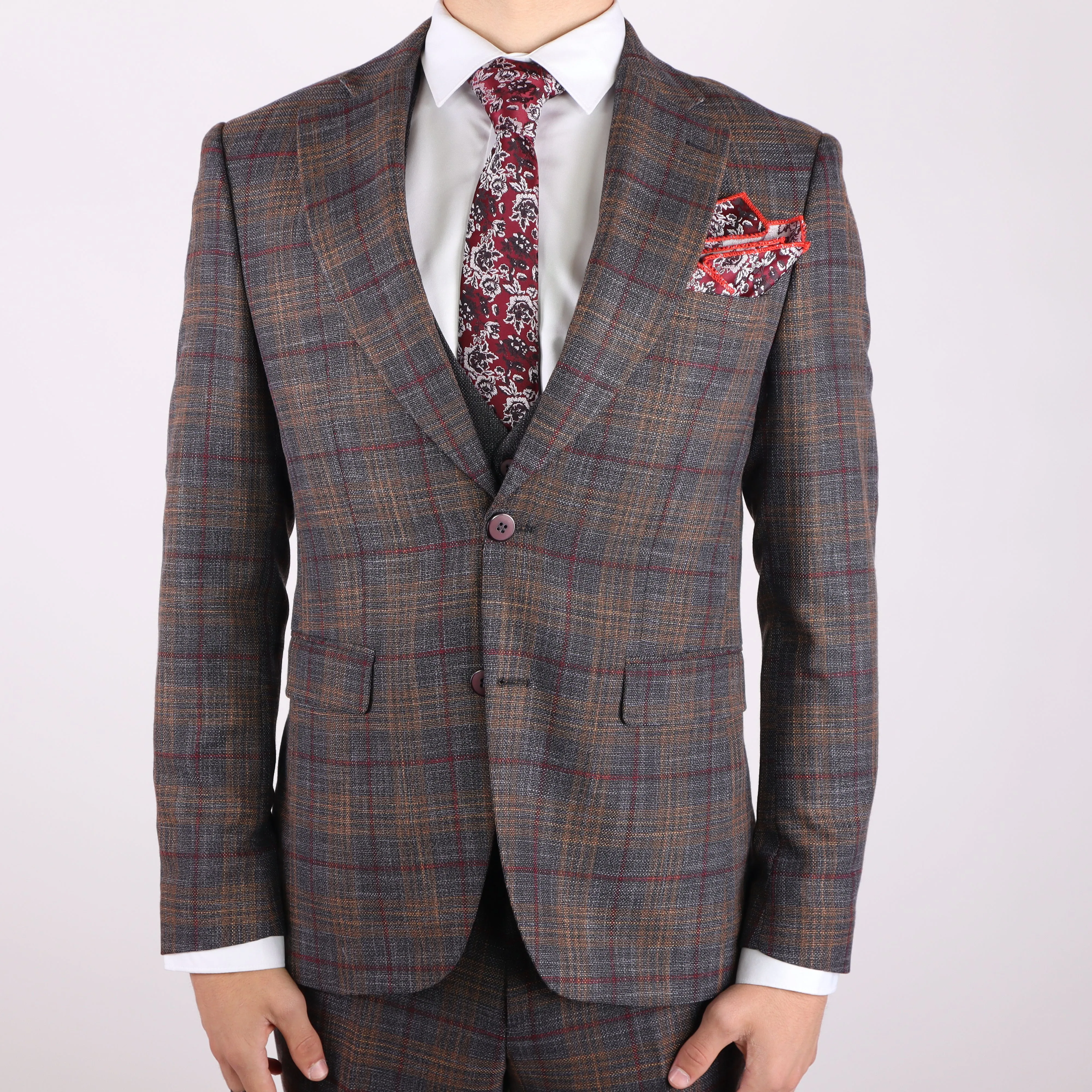 Grey/Gold Avanti Milano Notch Lapel Window Pane Patterned Three Piece Suit