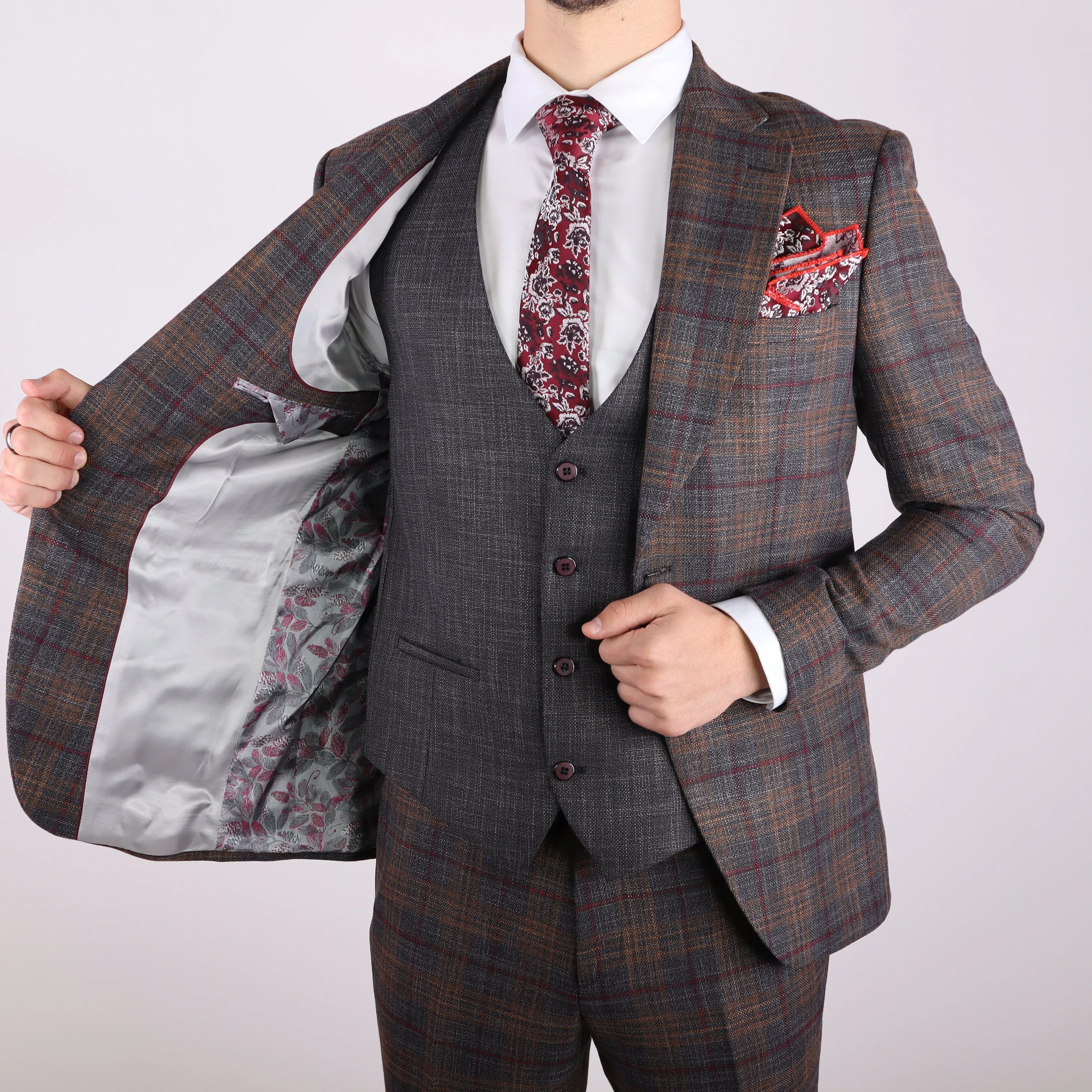 Grey/Gold Avanti Milano Notch Lapel Window Pane Patterned Three Piece Suit