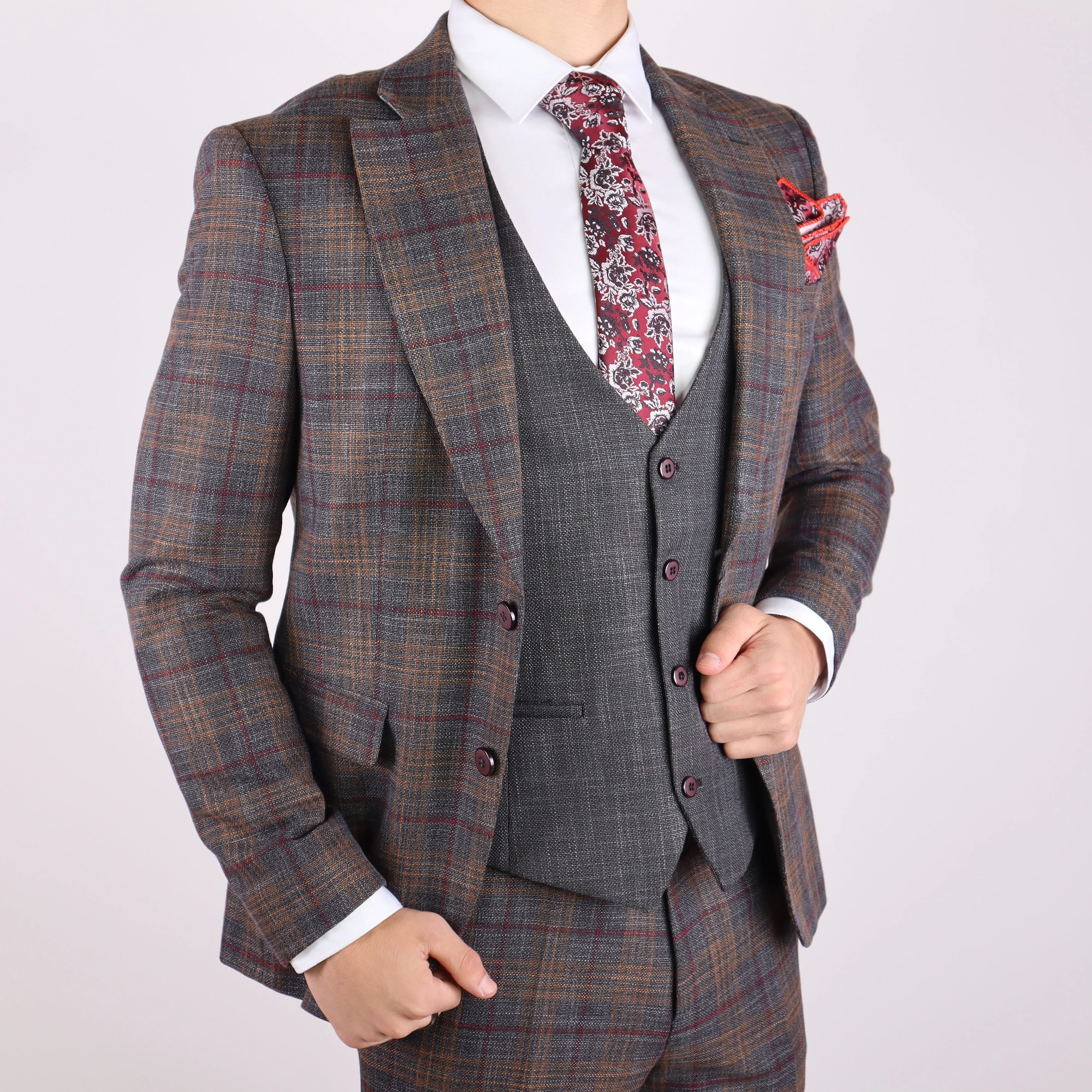 Grey/Gold Avanti Milano Notch Lapel Window Pane Patterned Three Piece Suit