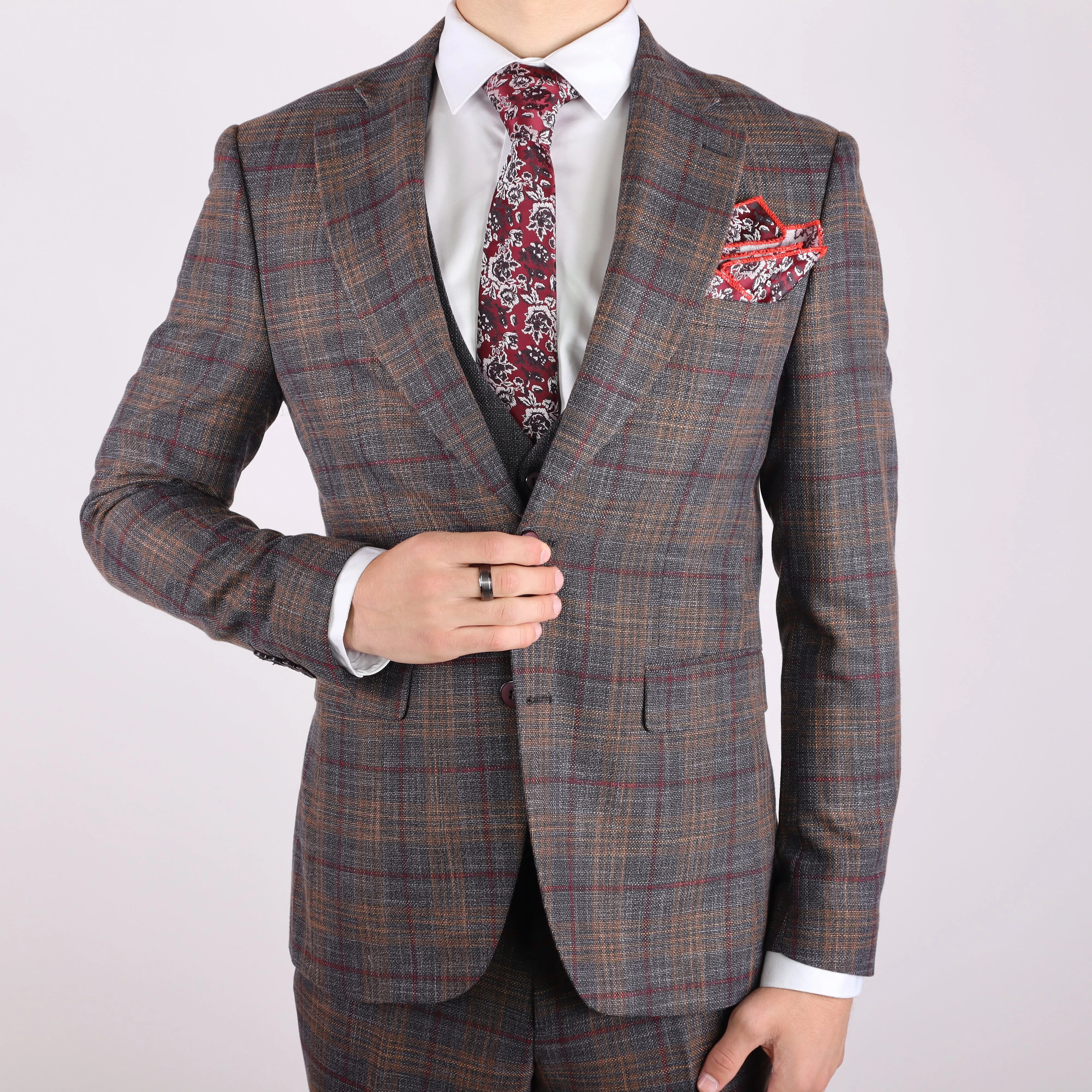 Grey/Gold Avanti Milano Notch Lapel Window Pane Patterned Three Piece Suit