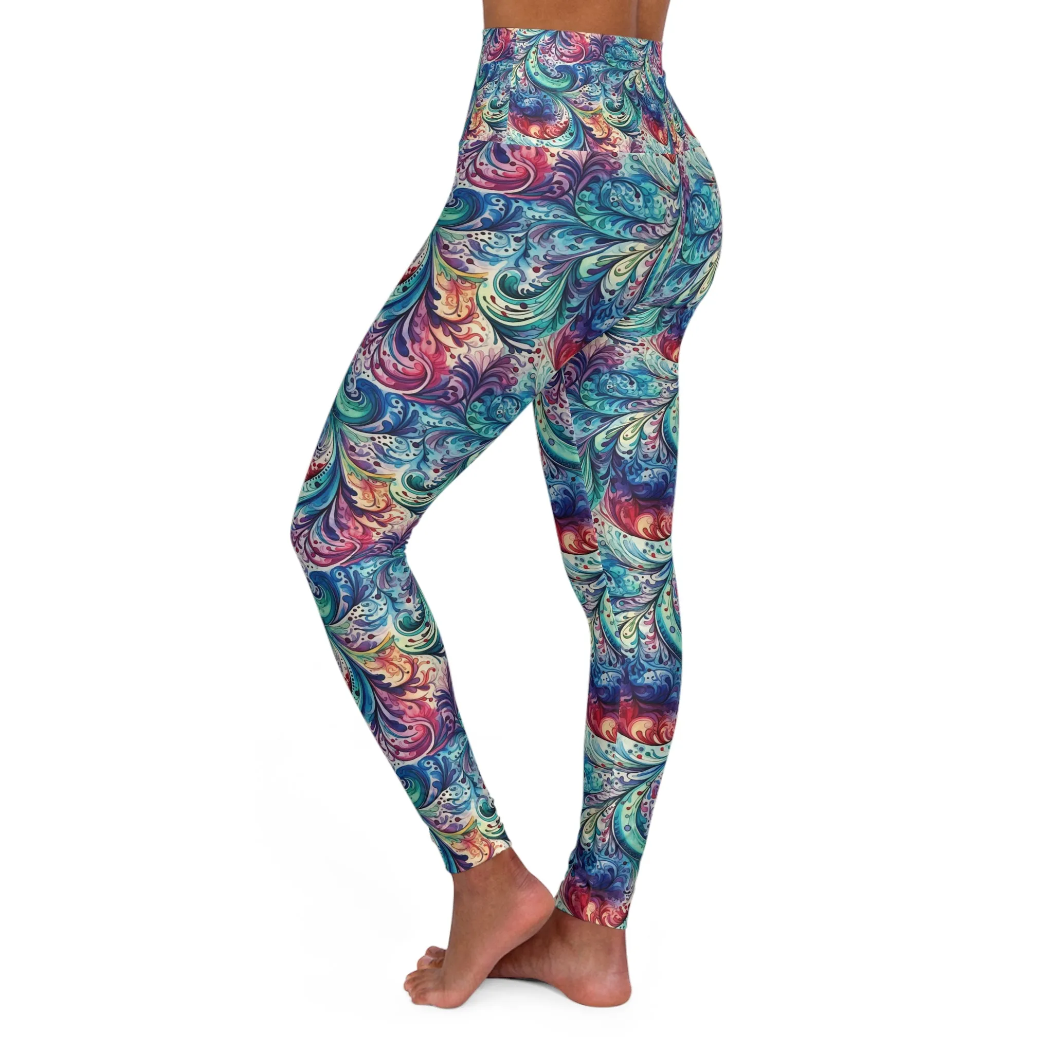 High Waisted Yoga Legging, Navy Blue Paisley