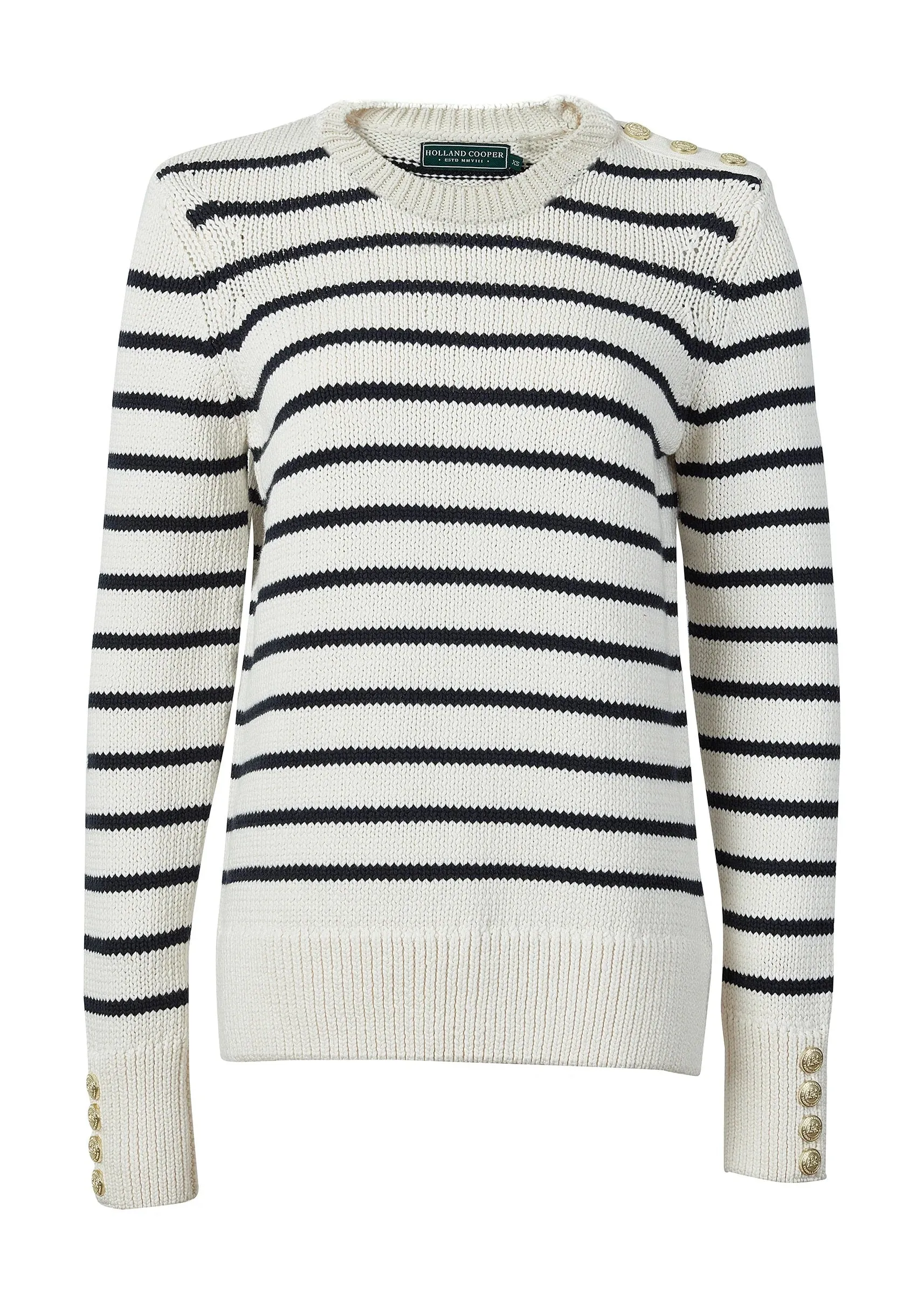 Holland Cooper Henley Striped Crew Knitwear in Natural & Navy Ink