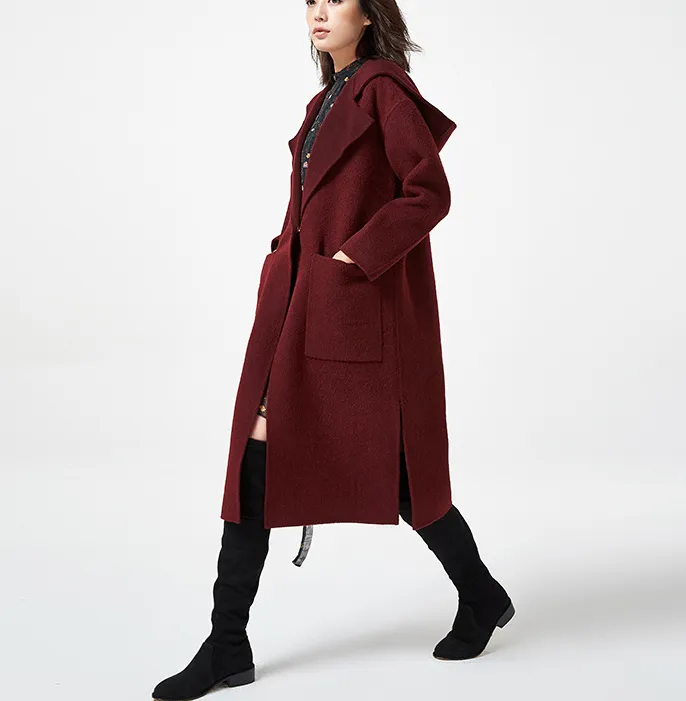 Hooded Wool Coat Handmade Long Warm Long Women Wool Coat Jacket/7800