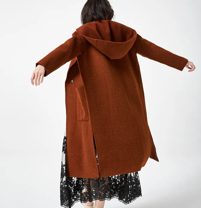 Hooded Wool Coat Handmade Long Warm Long Women Wool Coat Jacket/7800