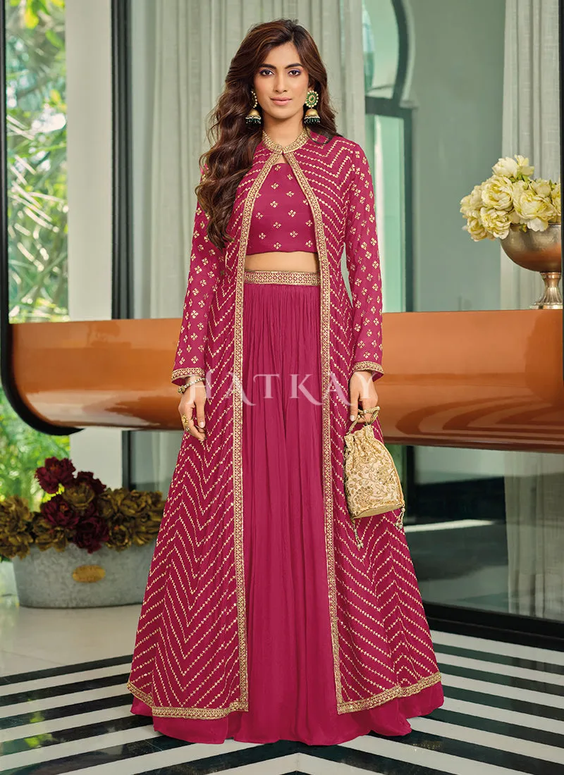 Hot Pink Sequence Jacket Style Chinon Lehenga