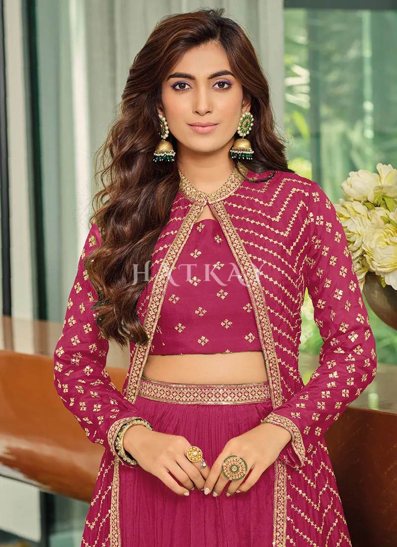 Hot Pink Sequence Jacket Style Chinon Lehenga