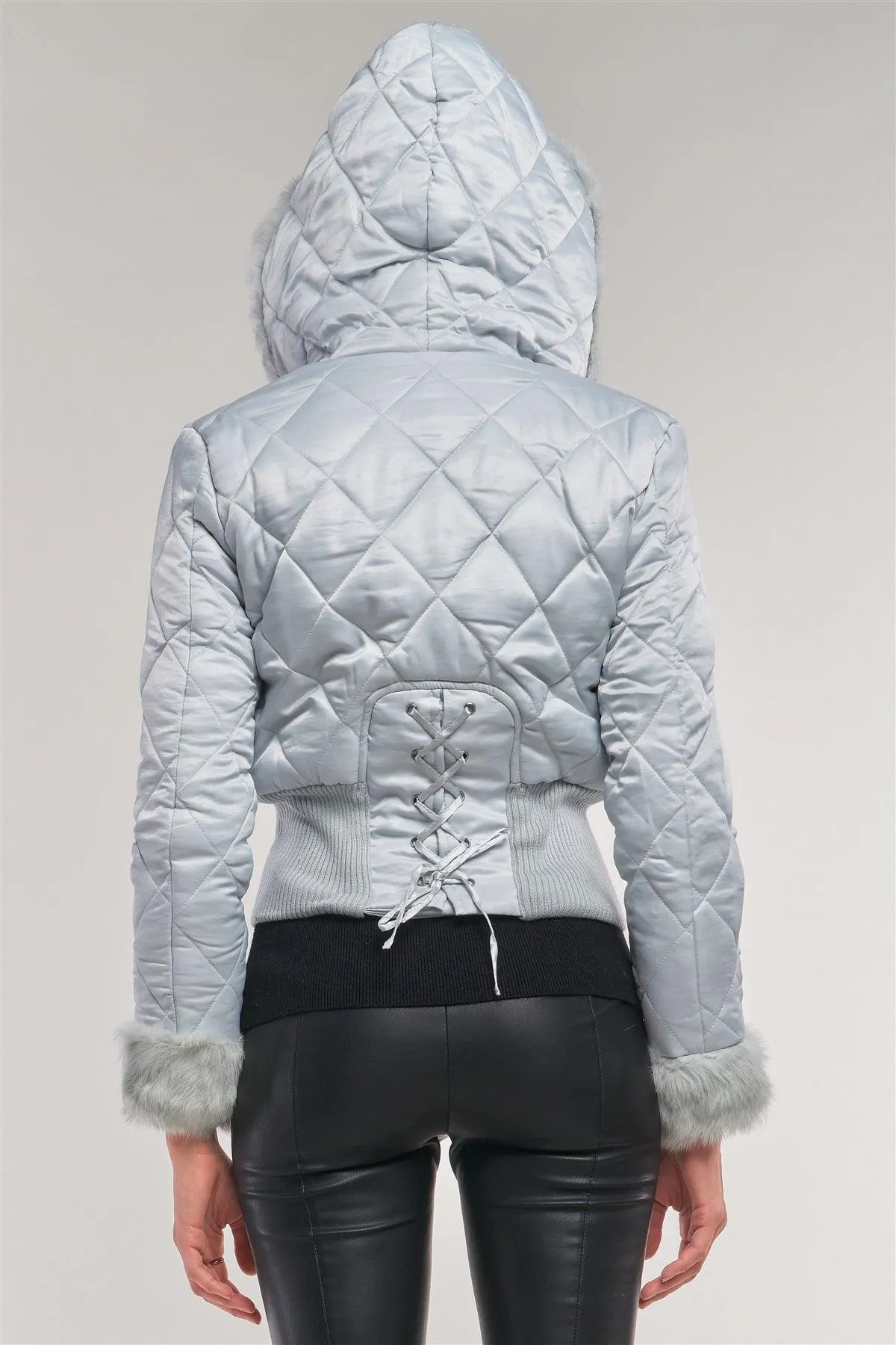 Ice Queen Frosty Blue Quilted Lace-Up Back Detail Faux Fur Cropped Winter Jacket /1-2-2-1