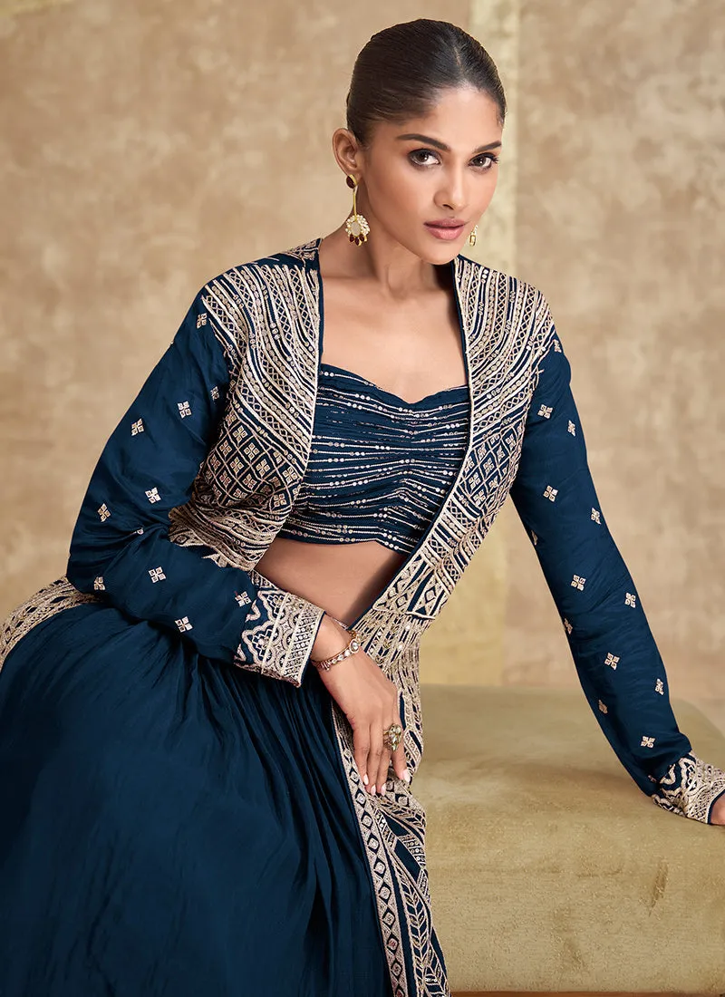 Indigo Blue Embroidery Festive Jacket Style Lehenga