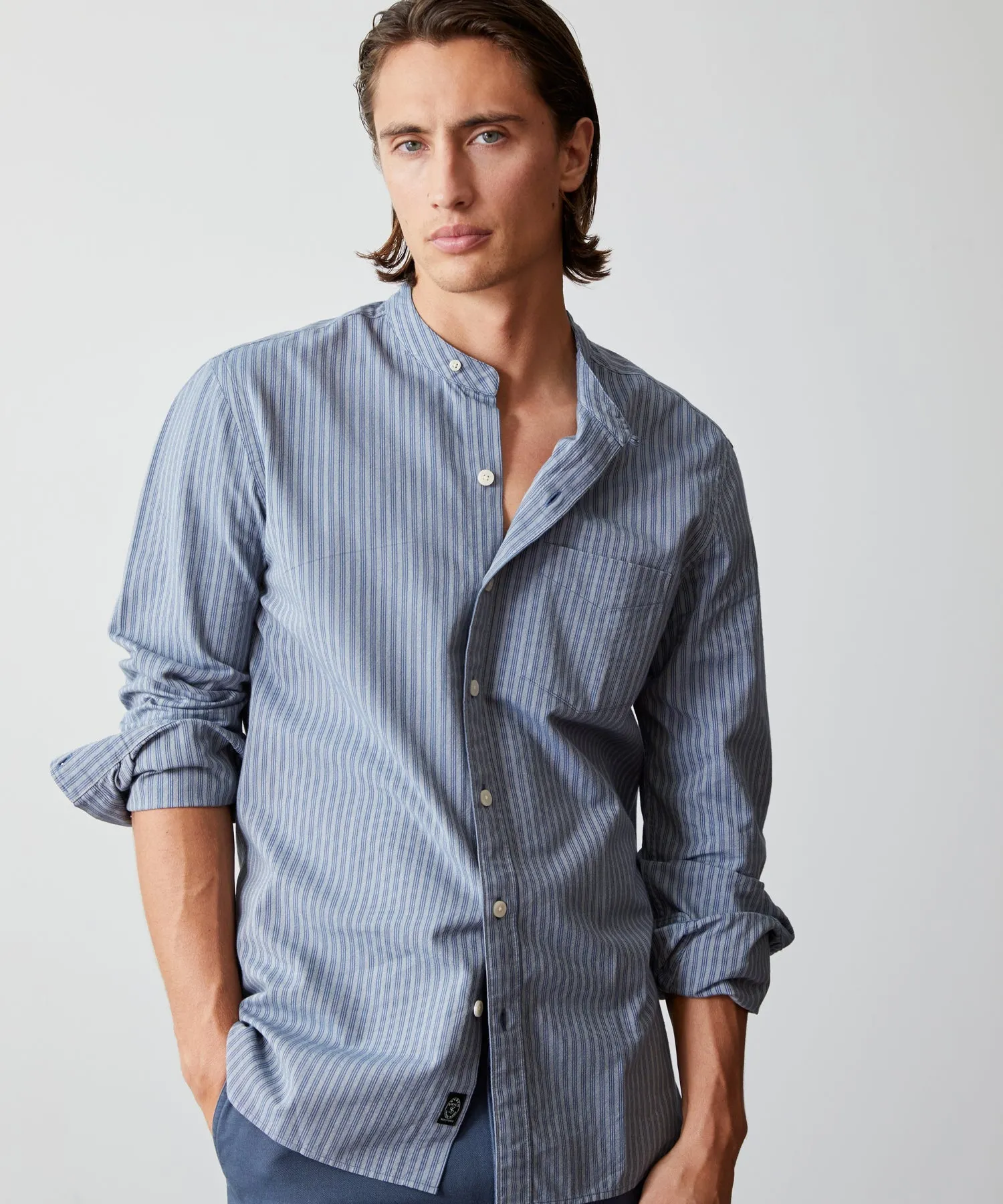 Indigo Striped Band Collar Shirt