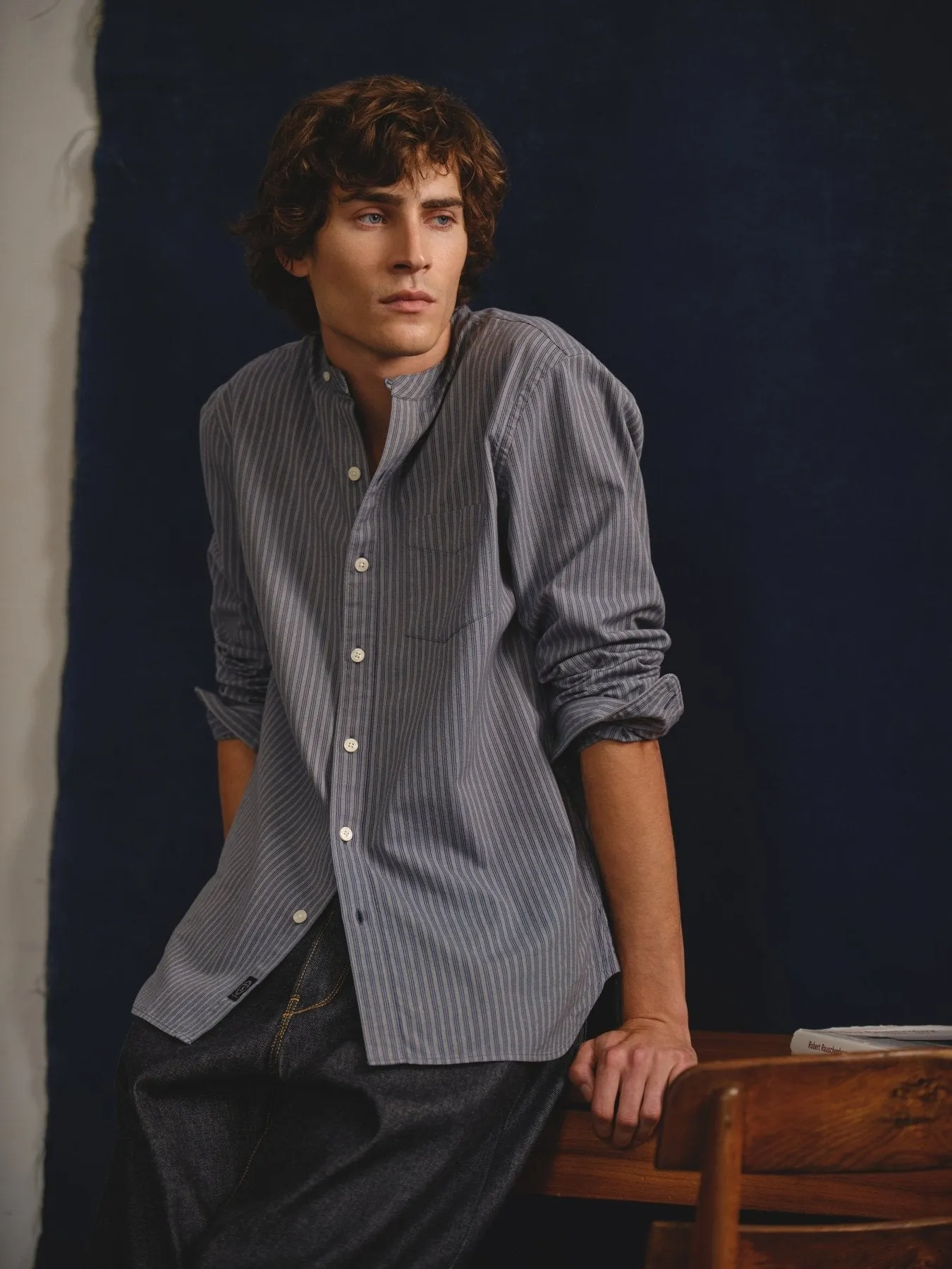 Indigo Striped Band Collar Shirt