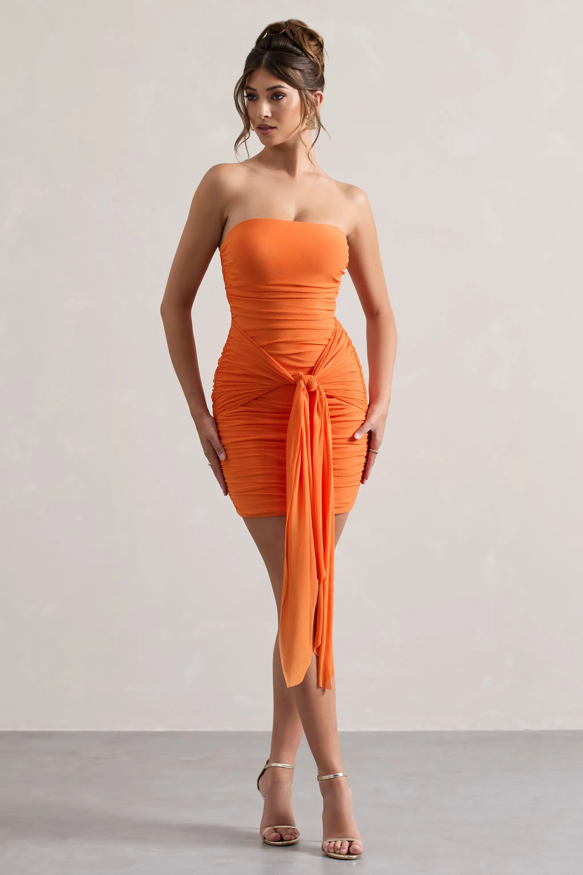 Jesse | Orange Ruched Mini Dress With Knot Detail