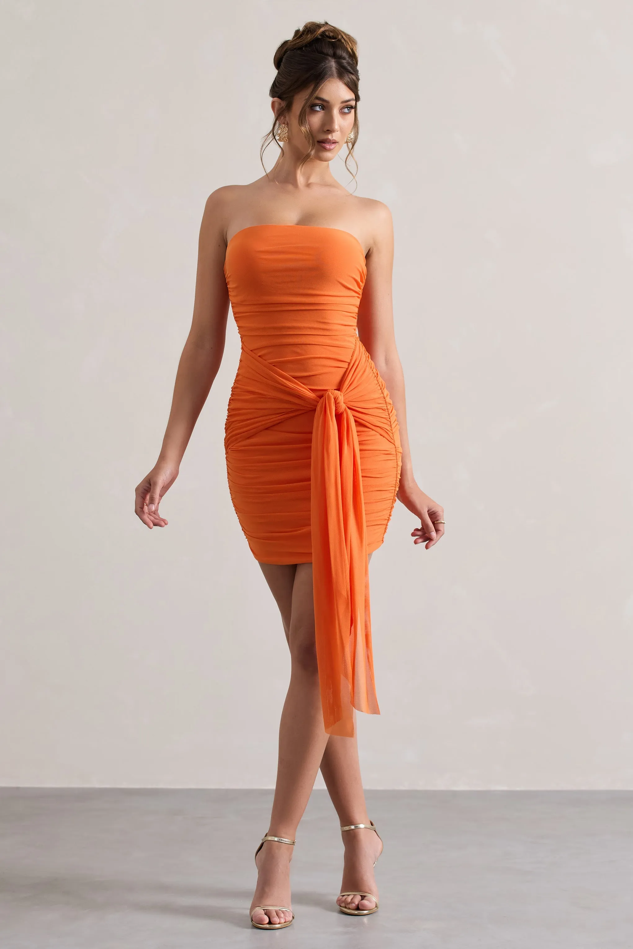 Jesse | Orange Ruched Mini Dress With Knot Detail