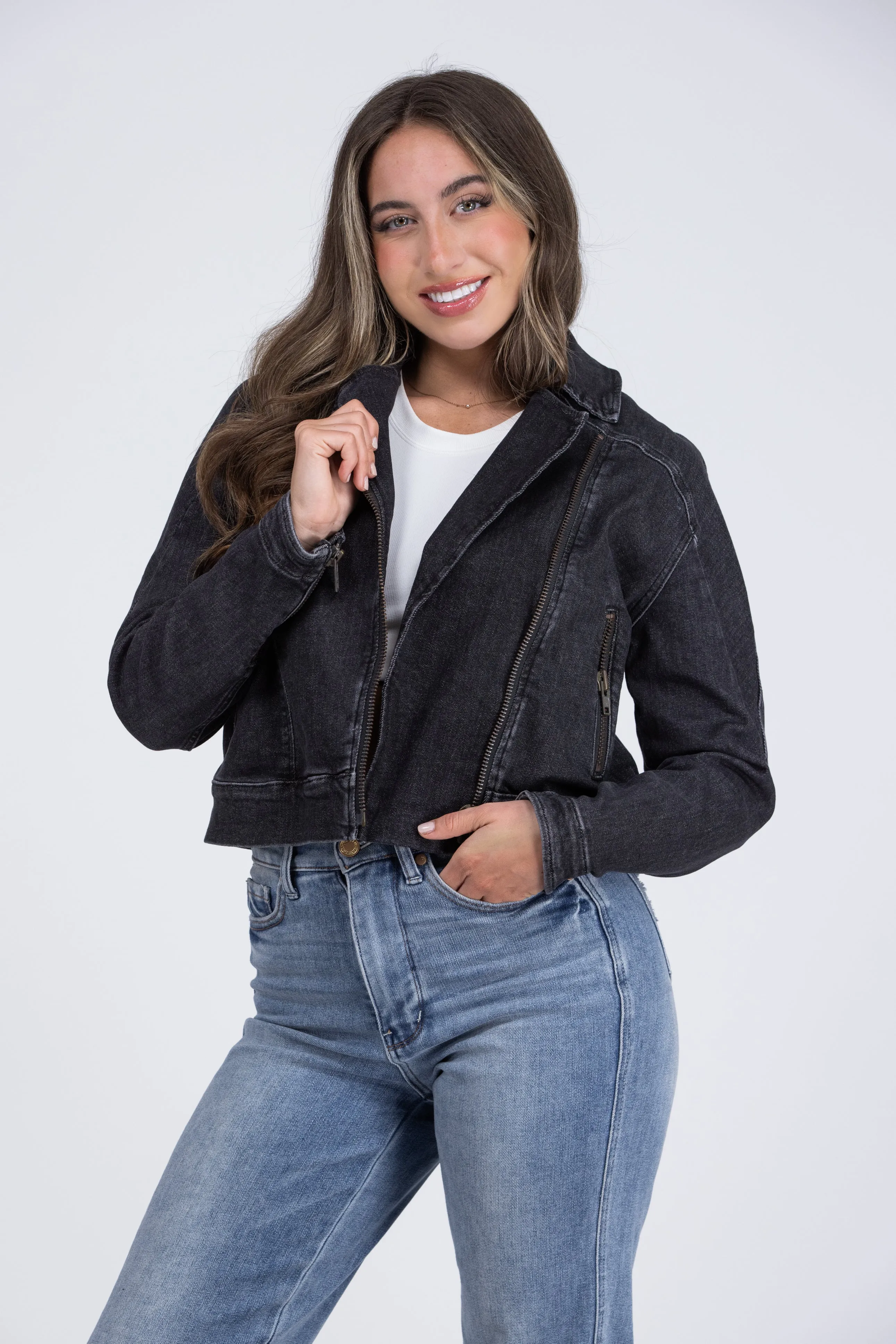 Judy Blue Twisted Roads Crop Moto Denim Jacket