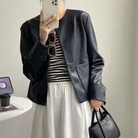 [Korean Style] High Quality Collarless Cropped Faux Leather Jacket