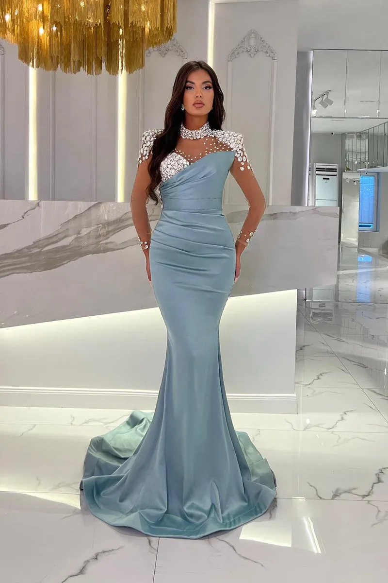 L1383 - High Neck Long Sleeves Beaded Tulle Satin Mermaid Long Prom Evening Dress