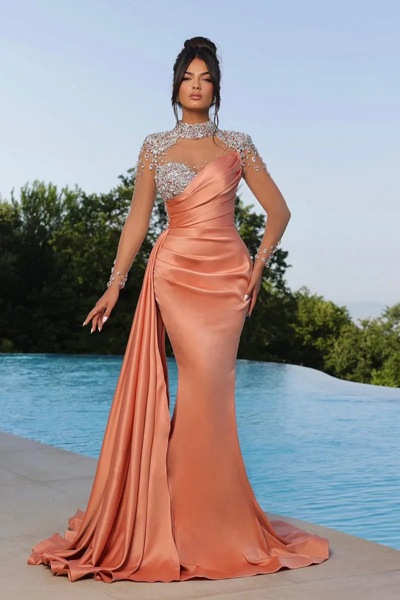 L1383 - High Neck Long Sleeves Beaded Tulle Satin Mermaid Long Prom Evening Dress