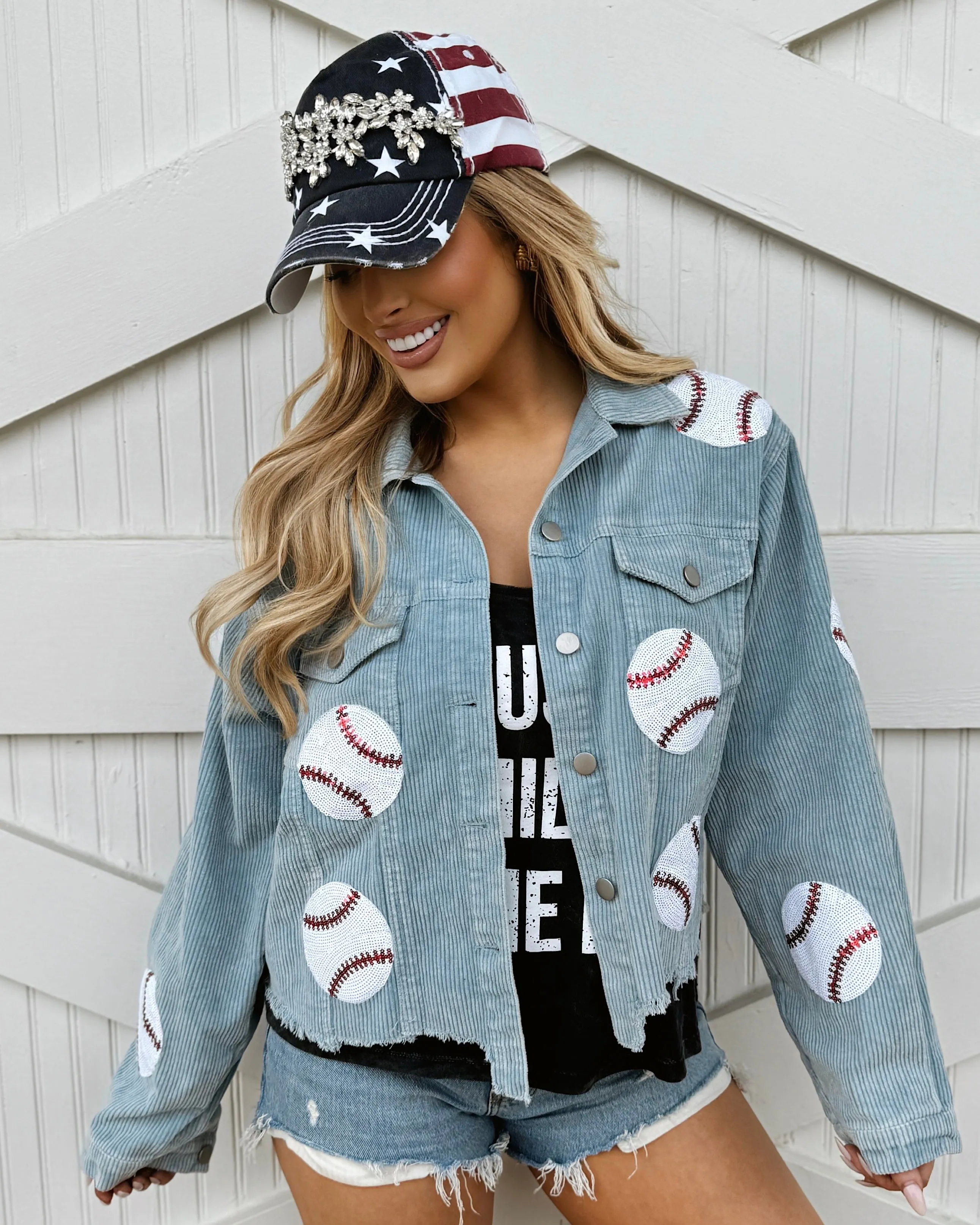 Light Blue Sequin BASEBALL Corduroy Jacket