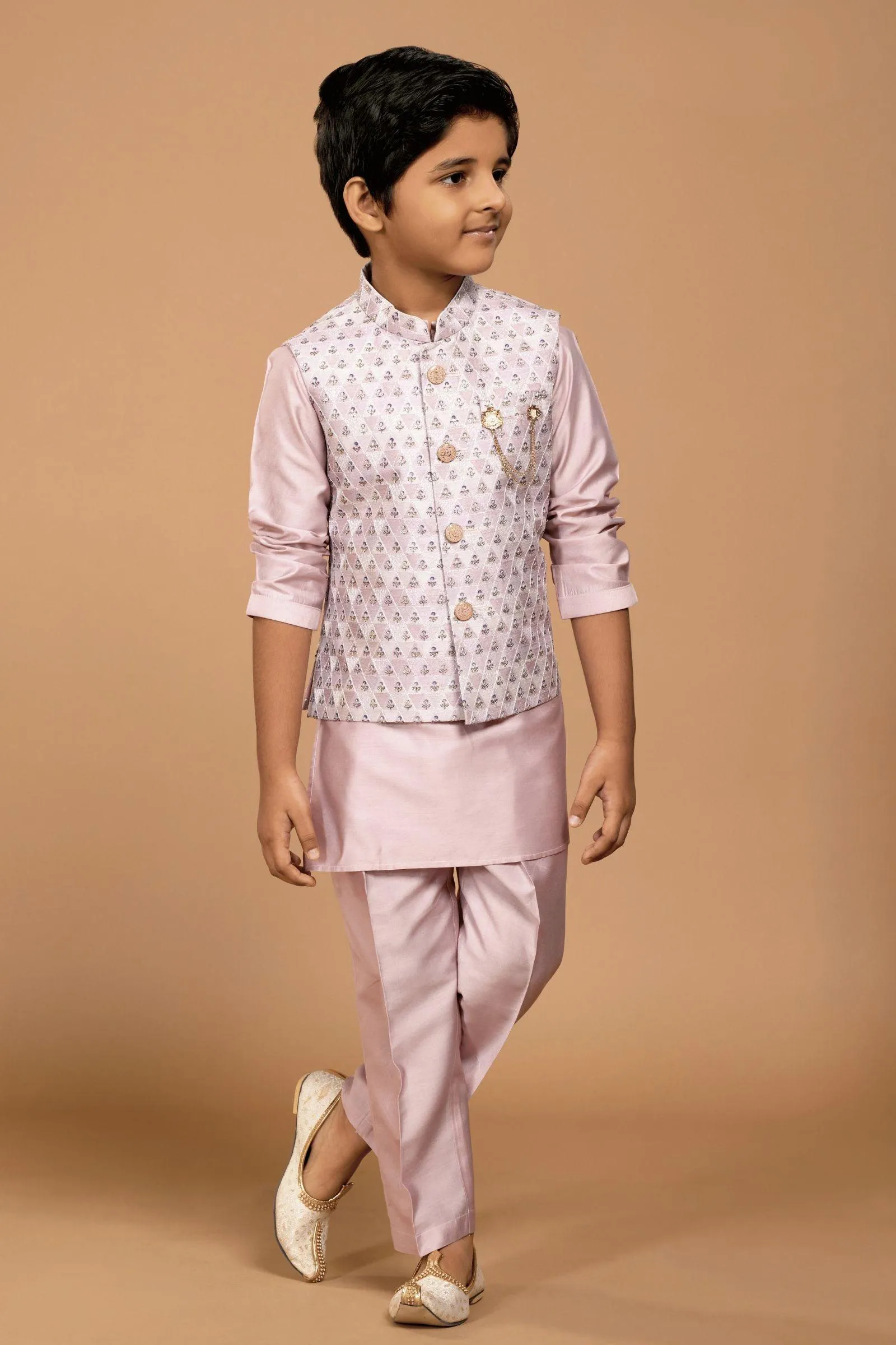 Light Pink Sequins and Thread work Waist Coat Kurta Set for Boys