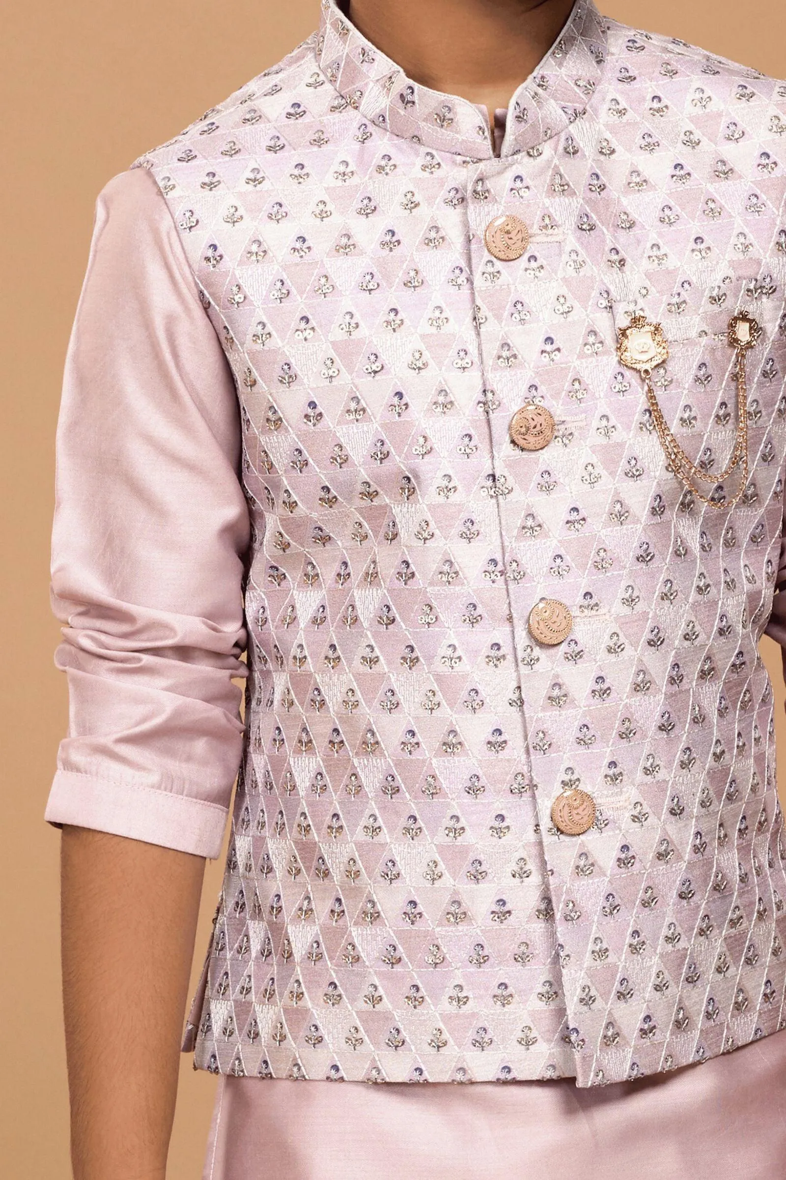 Light Pink Sequins and Thread work Waist Coat Kurta Set for Boys