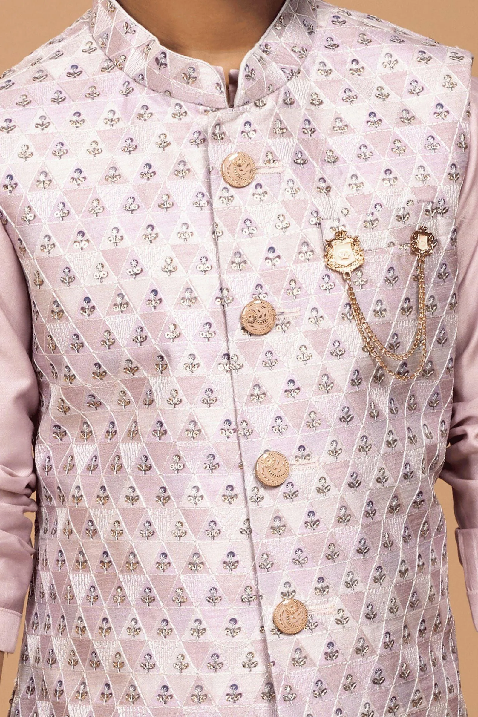 Light Pink Sequins and Thread work Waist Coat Kurta Set for Boys