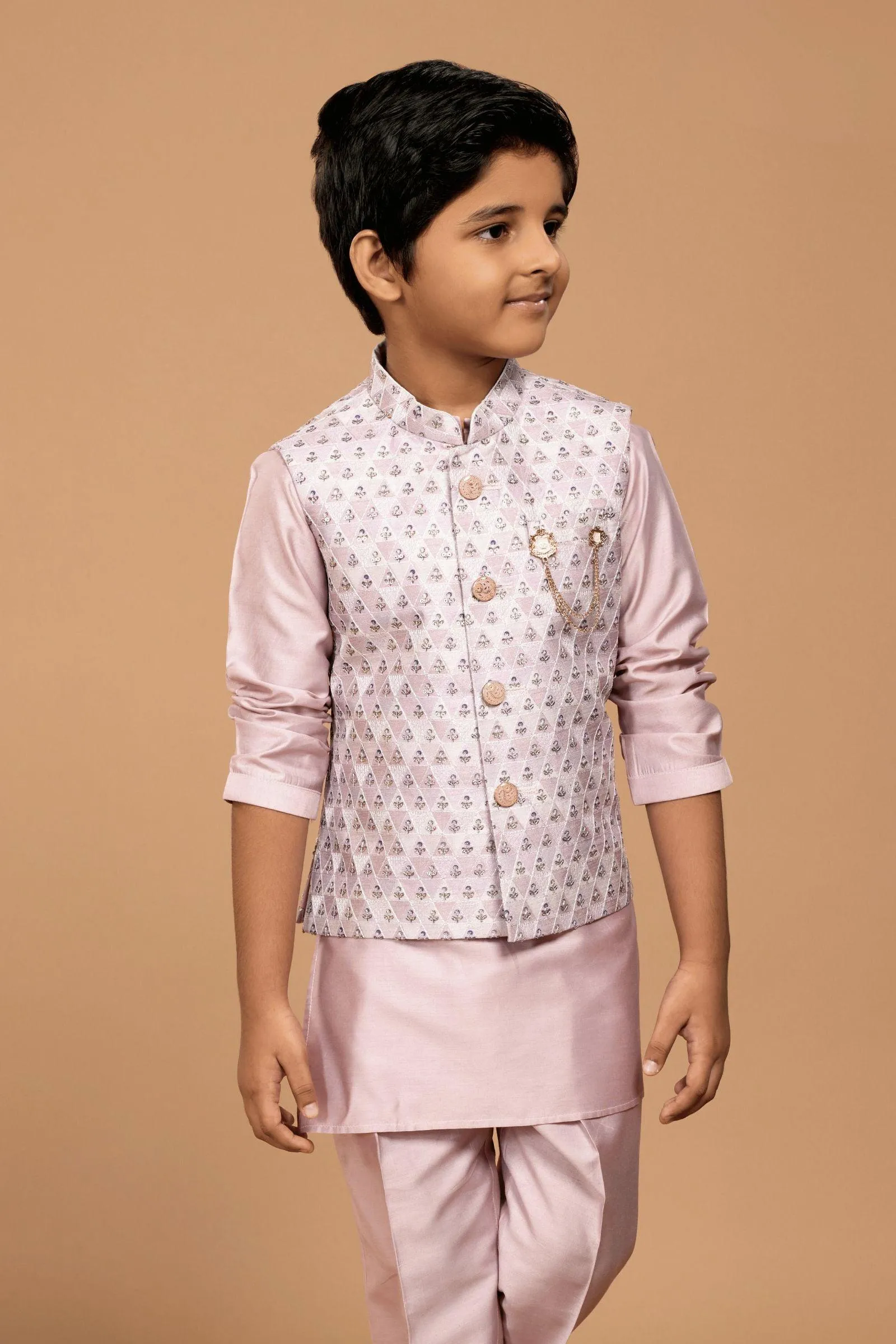 Light Pink Sequins and Thread work Waist Coat Kurta Set for Boys