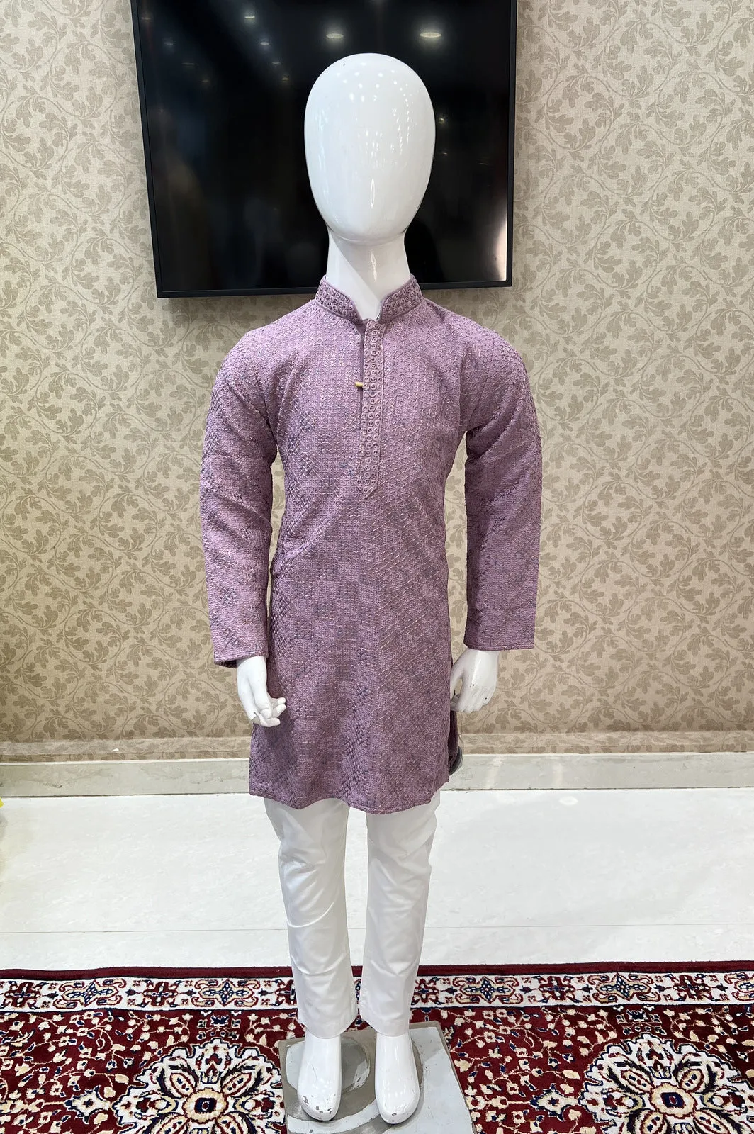 Lilac with White Lucknowi Thread work Kurta Set for Boys