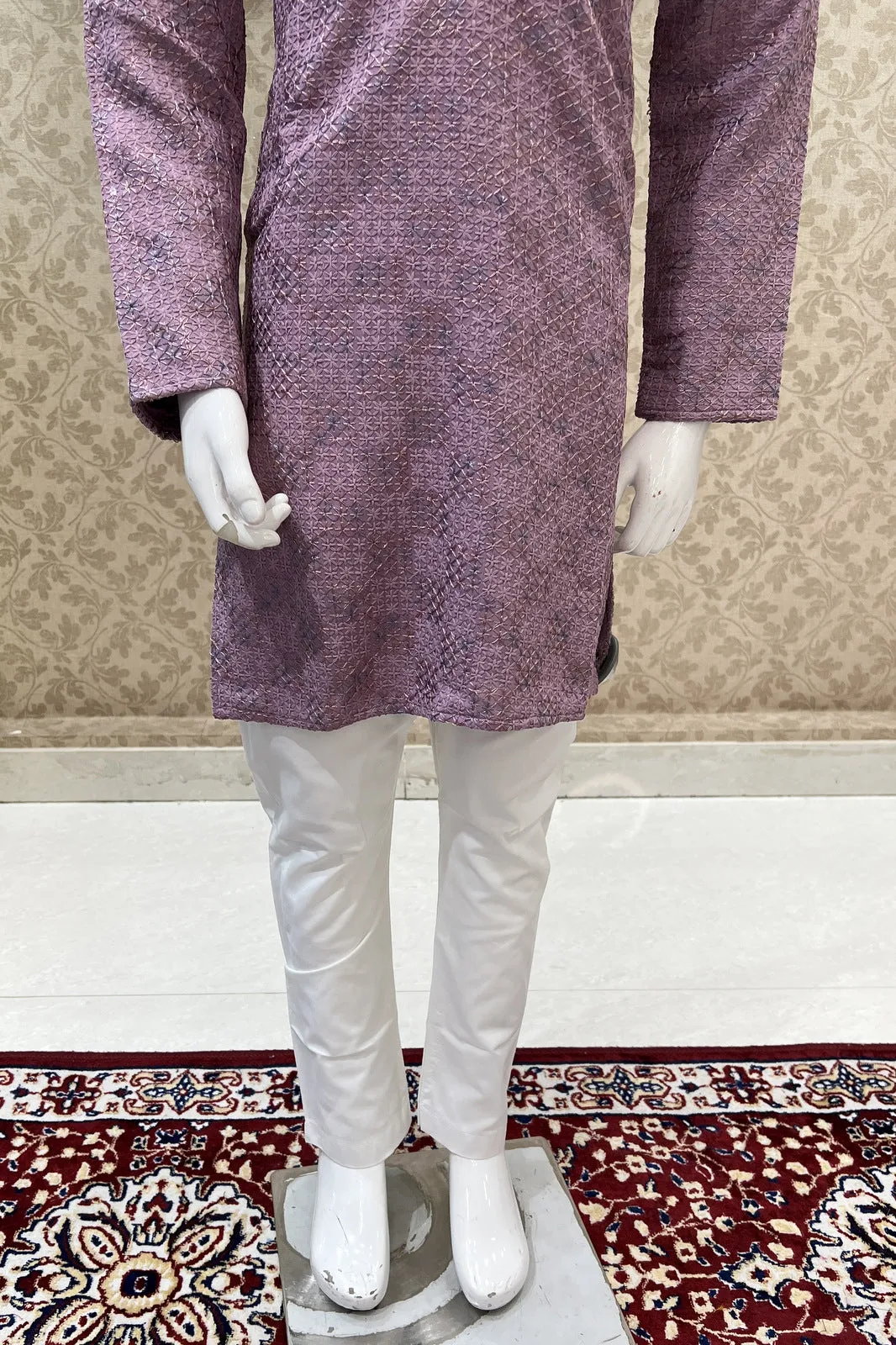 Lilac with White Lucknowi Thread work Kurta Set for Boys