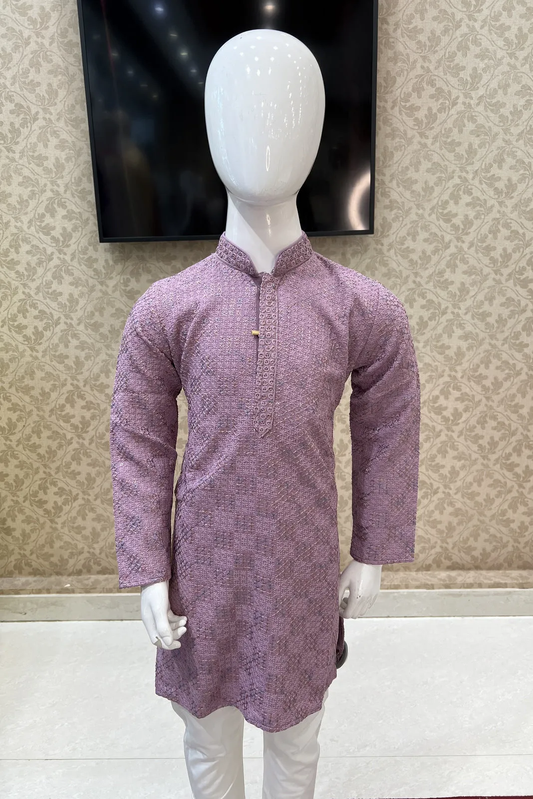 Lilac with White Lucknowi Thread work Kurta Set for Boys