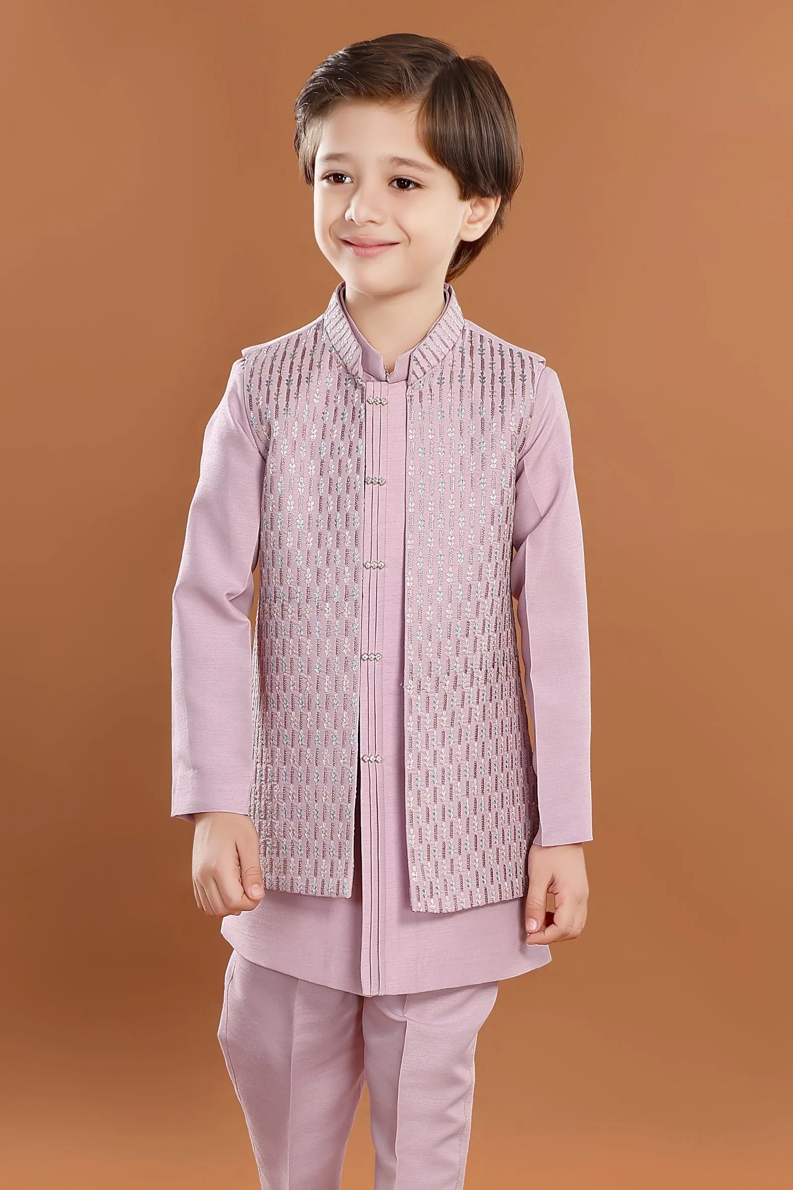 Lilac Zari and Thread work Waist Coat Kurta Set for Boys