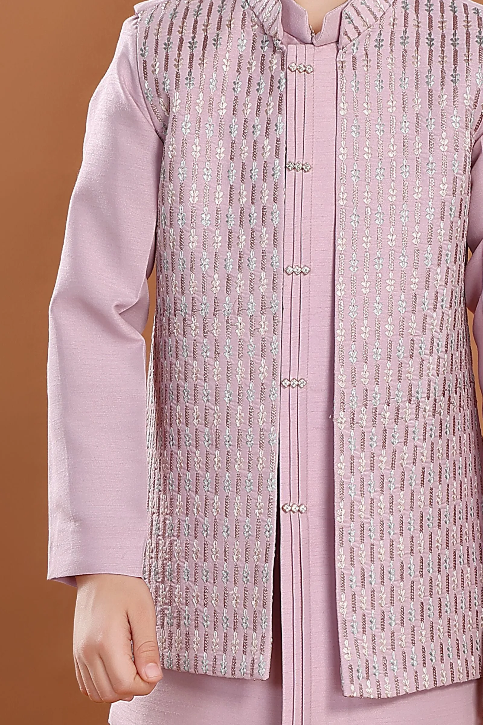 Lilac Zari and Thread work Waist Coat Kurta Set for Boys