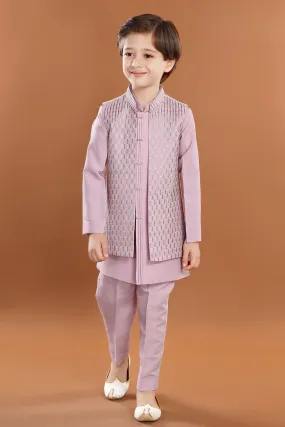 Lilac Zari and Thread work Waist Coat Kurta Set for Boys