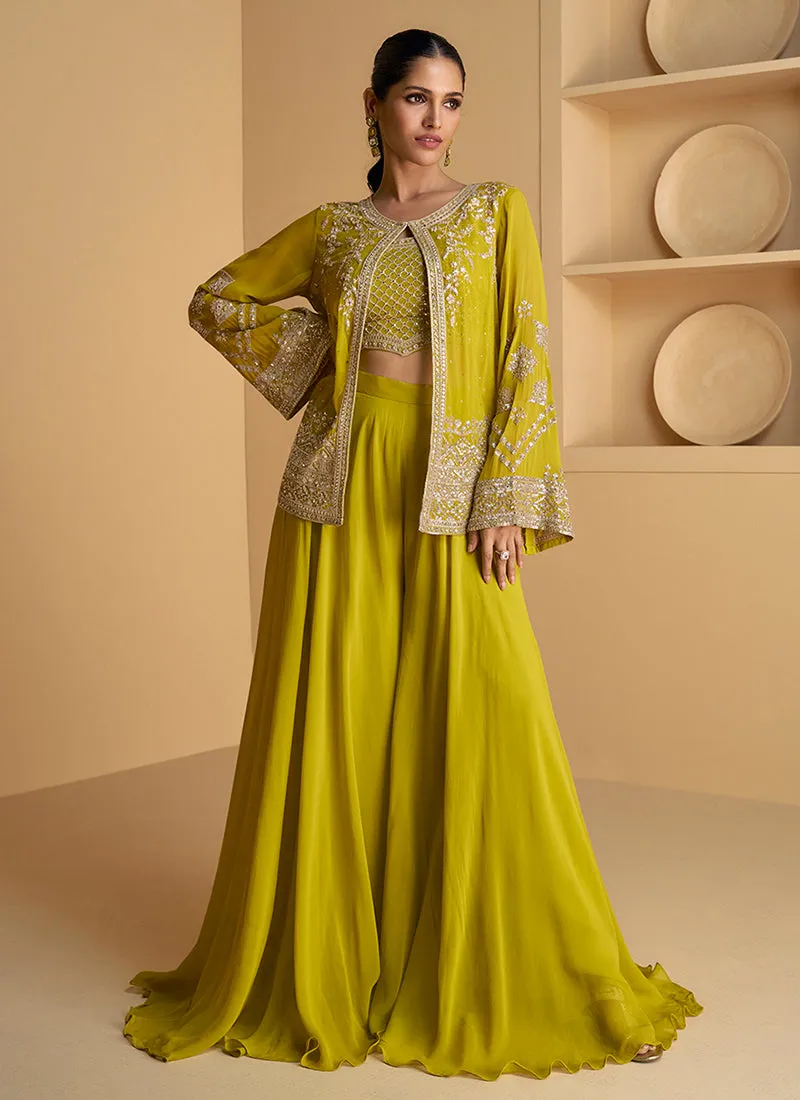 Lime Green Sequence Embroidered Jacket Style Palazzo Suit