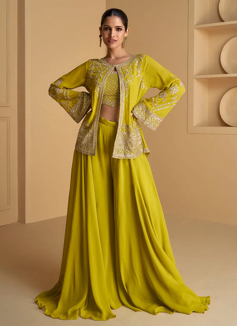 Lime Green Sequence Embroidered Jacket Style Palazzo Suit