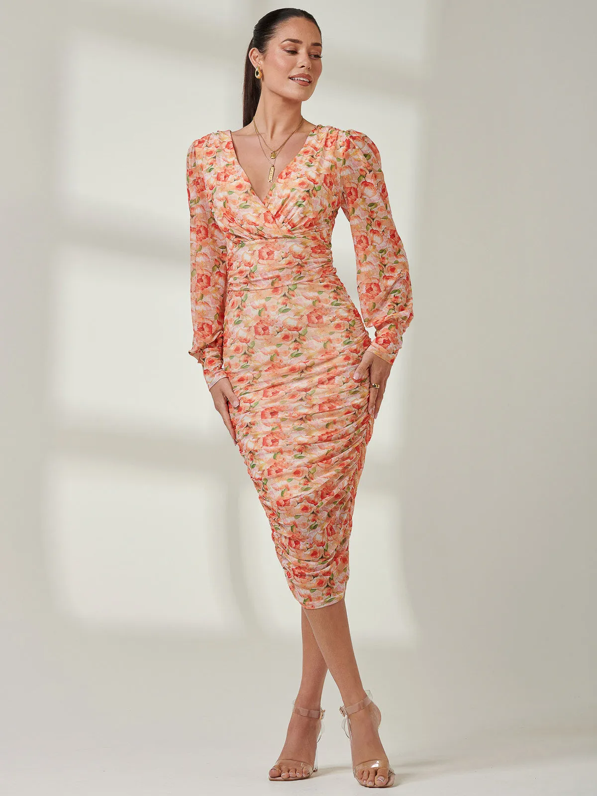 Long Sleeve Ruched Mesh Midi Dress, Orange Multi