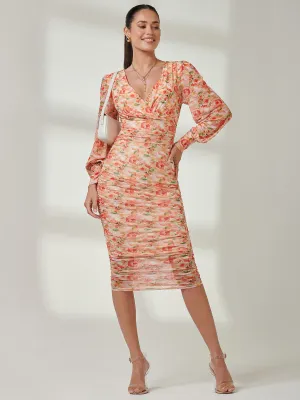 Long Sleeve Ruched Mesh Midi Dress, Orange Multi